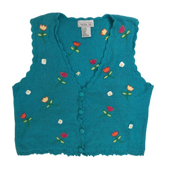 Womens Vintage 70s Blue Floral Embroidered Cottagecore Grandma Knit Vest / Small - Picture 5 of 6